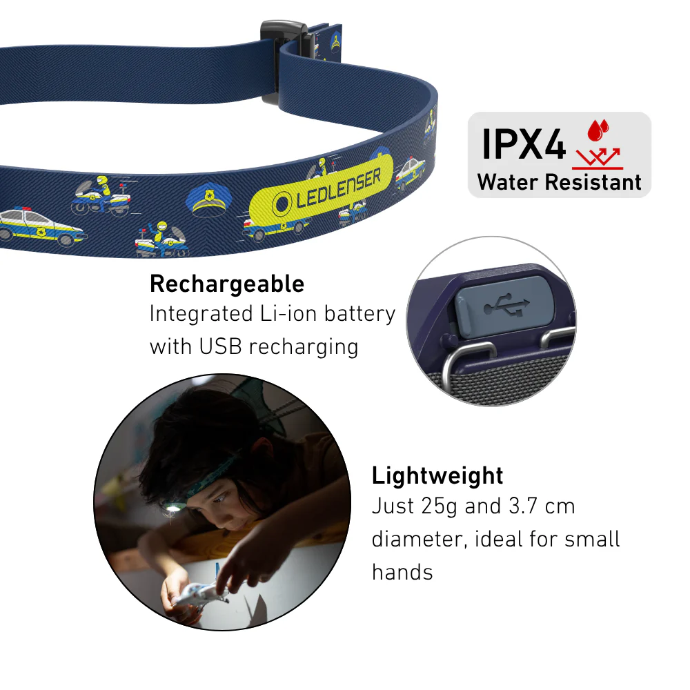 KidLED4R Rechargeable Head Torch, Blue Police - Image 5