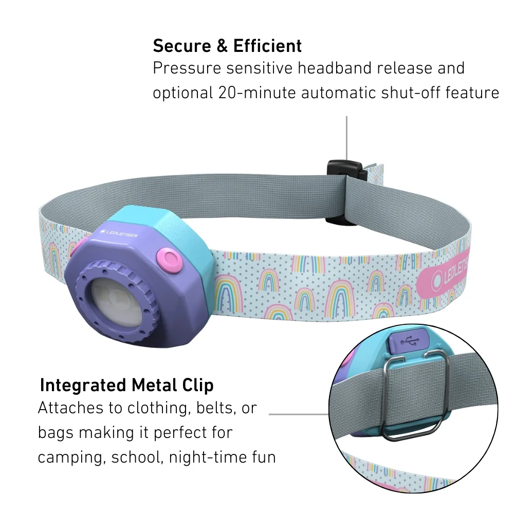 KidLED4R Rechargeable Head Torch, Purple Rainbows - Image 4